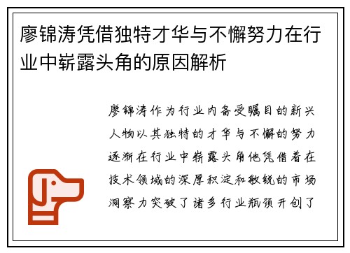 廖锦涛凭借独特才华与不懈努力在行业中崭露头角的原因解析