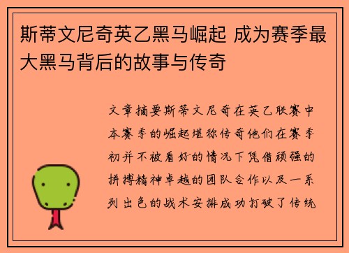 斯蒂文尼奇英乙黑马崛起 成为赛季最大黑马背后的故事与传奇